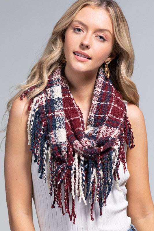 Juliana Plaid Tassel Trim Infinity Scarf