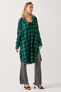 Acacia Plaid Hooded Longline Shacket - Green