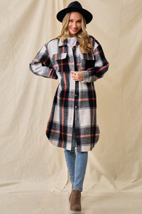 Hayley Brushed Plaid Longline Shacket - Black/Chocolate