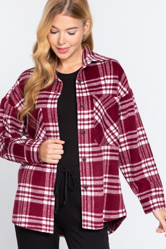 Leslie Oversized Plaid Shacket - Burgundy