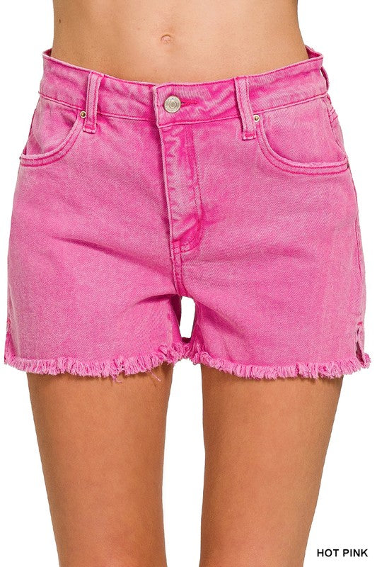 Malibu High Rise Acid Wash Frayed Hem Shorts - Hot Pink