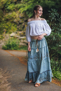 Marina Embroidered Denim Maxi Skirt