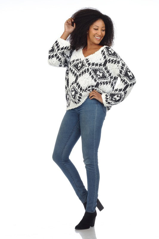 Candice Popcorn Knit Diamond Print Sweater - White/Black