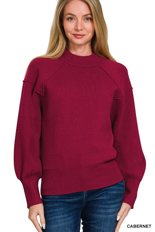 Elana Mock Neck Exposed Seam Sweater - Cabernet