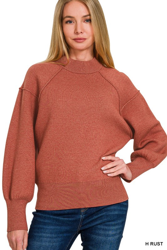 Elana Mock Neck Exposed Seam Sweater - Rust