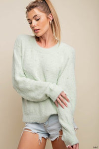 Janelle Pearl Beaded Fluffy Knit Sweater - Mint