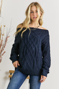 Lizzie Cable Knit Bardot Sweater - Navy