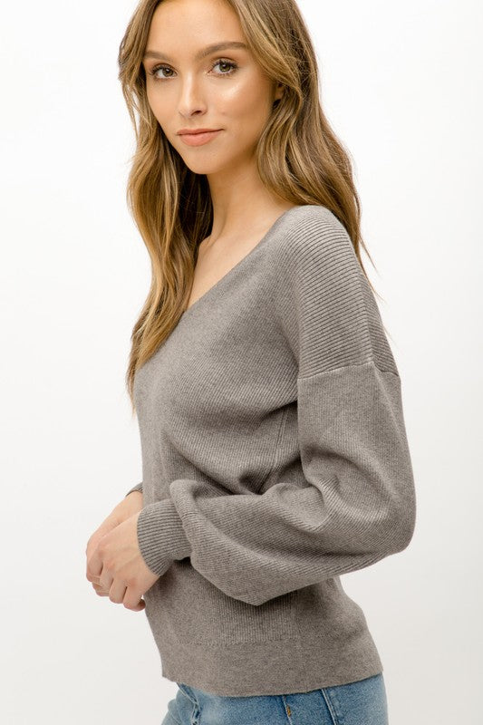 Maika Balloon Sleeve V-Neck Sweater - Gray