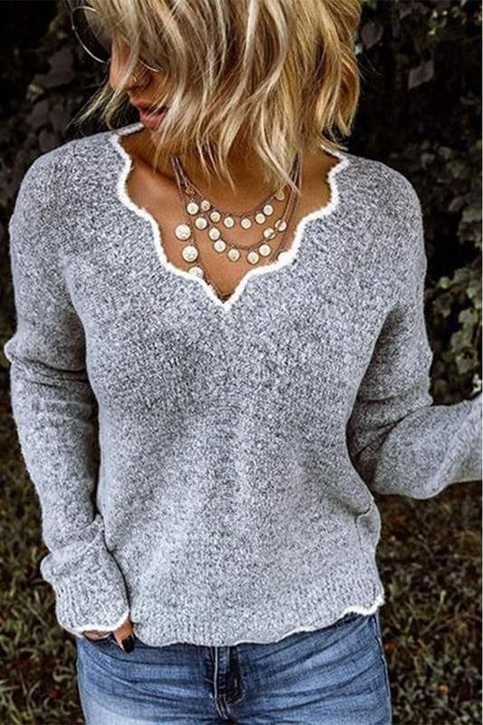 Tatiana Scalloped Trim Sweater - Gray