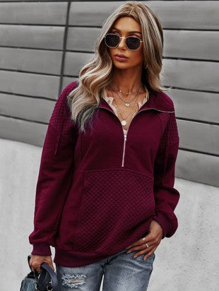 Jenette Quilted Half Zip Pullover Sweatshirt - Maroon
