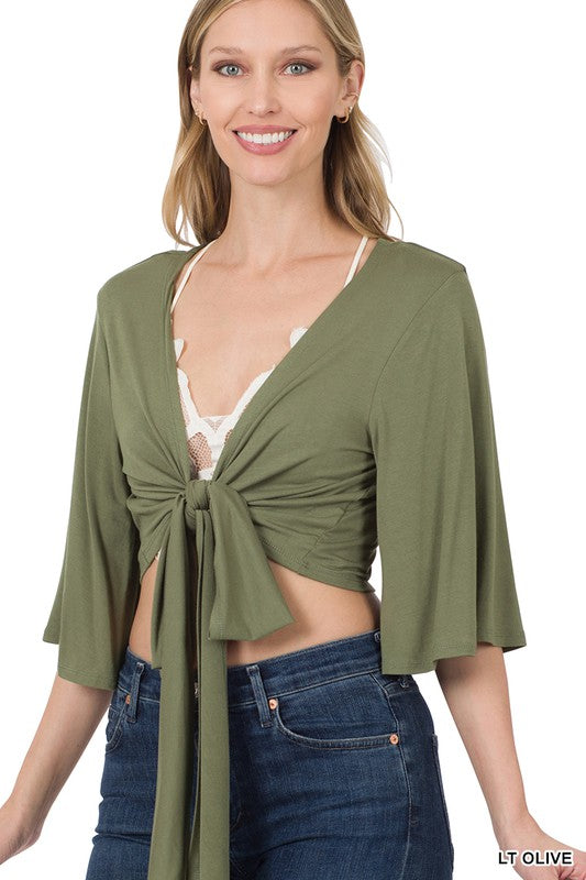 Talia Tie-Front Cropped Cardigan - Light Olive