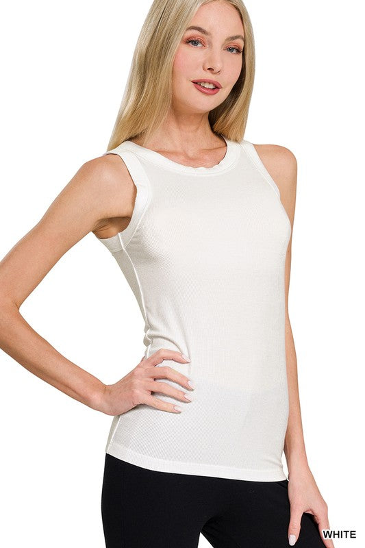 Alma Ribbed Round Neck Tank - White