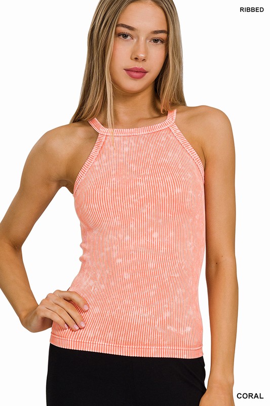 Jamie Mineral Wash Halter Neck Tank - Coral