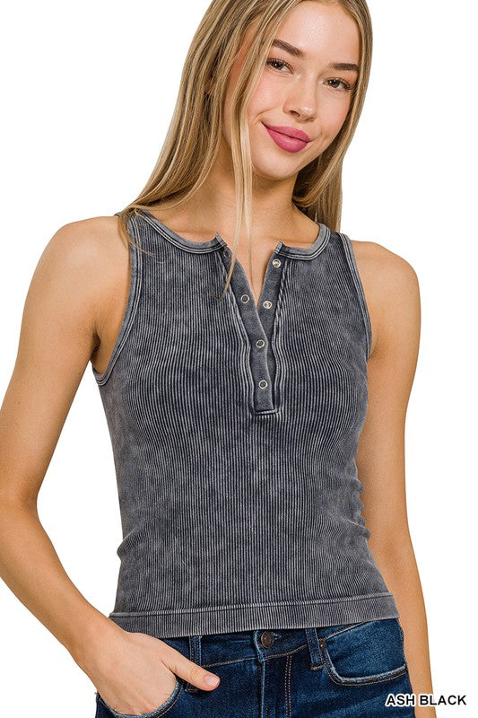 Sasha Mineral Wash Henley Tank - Ash Black