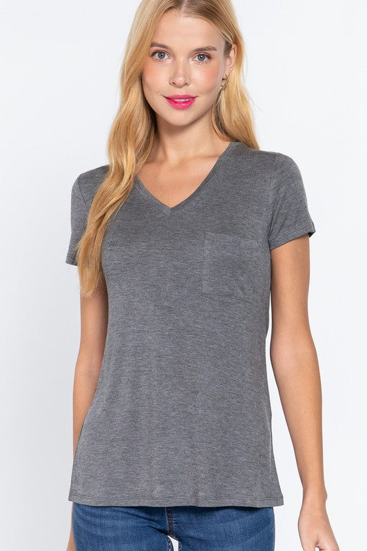 Debby V-Neck Pocket Tee - Charcoal