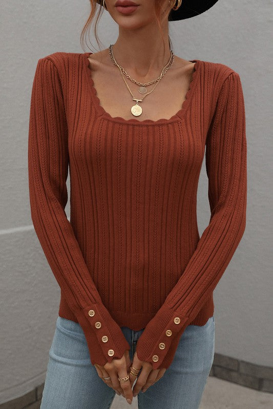 Analise Button Cuff Pointelle Knit Top