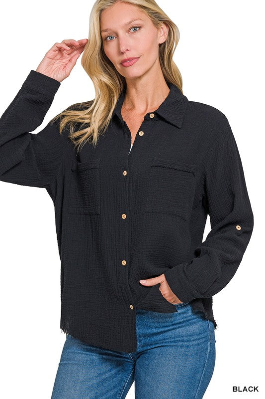 Andie Gauze Button-Down Top - Black 0507