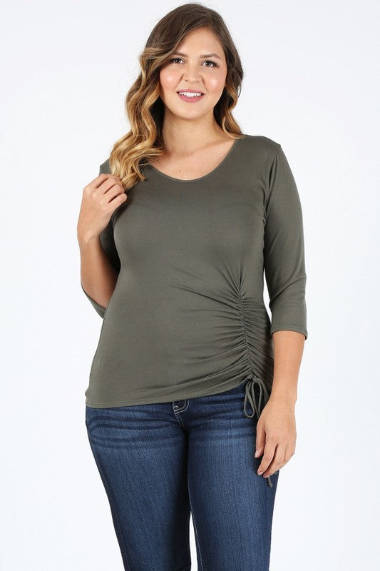 Asha Ruched 3/4 Sleeve Top - Olive