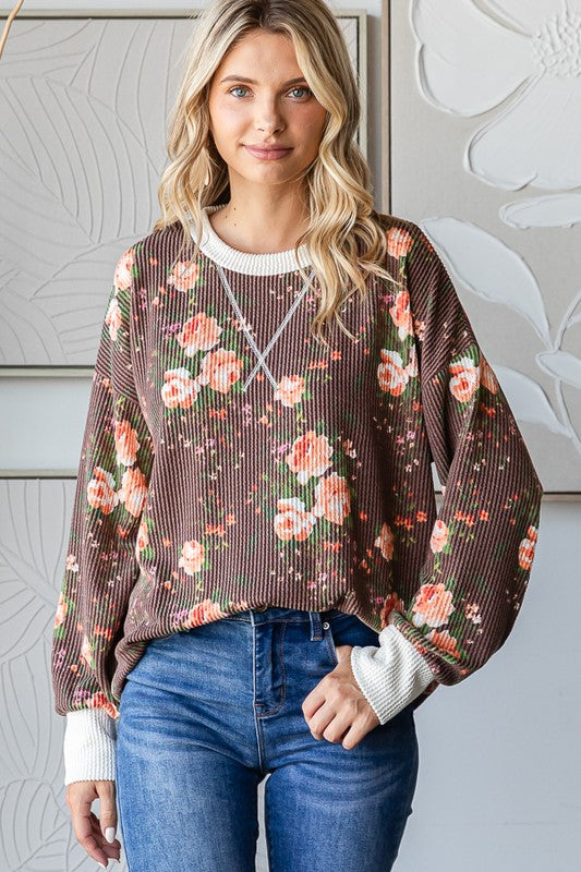 Cindy Ribbed Floral Pullover