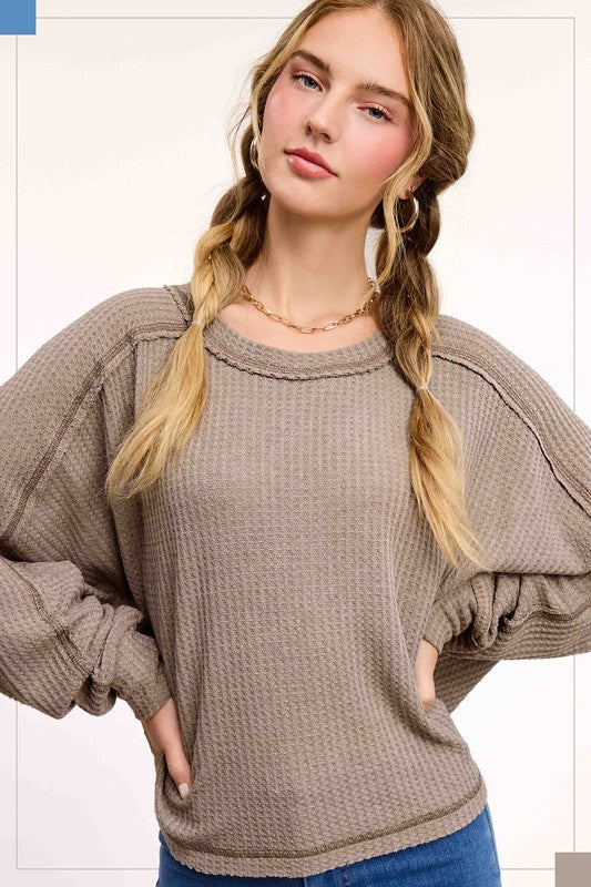 Julianne Waffle Knit Dolman Sleeve Top - Mocha