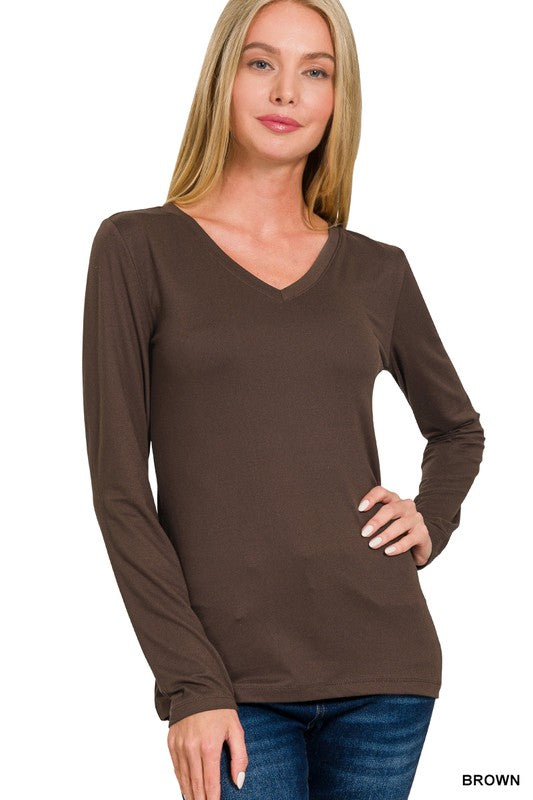 Kristy V-Neck Long Sleeve Top - Brown