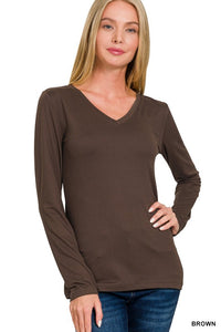 Kristy V-Neck Long Sleeve Top - Mahogany