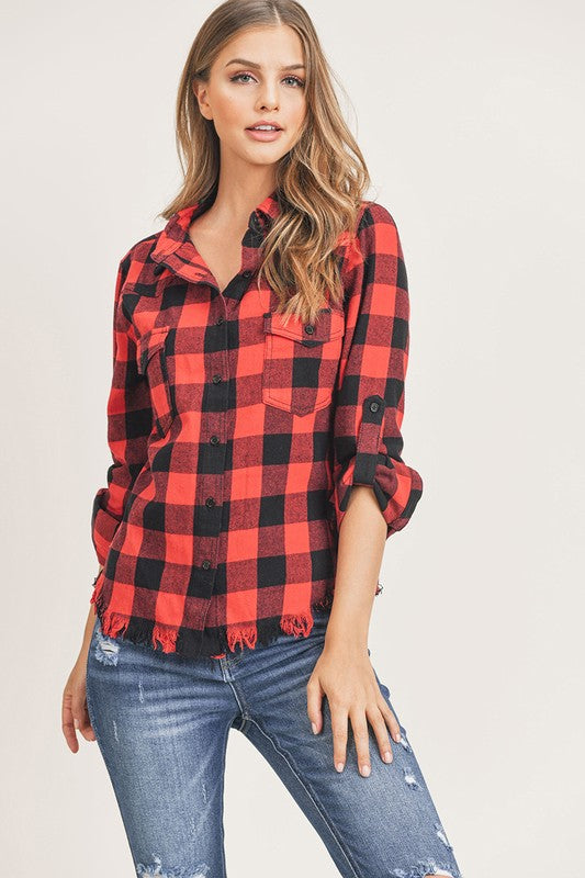 Leona Buffalo Plaid Frayed Hem Top - Red