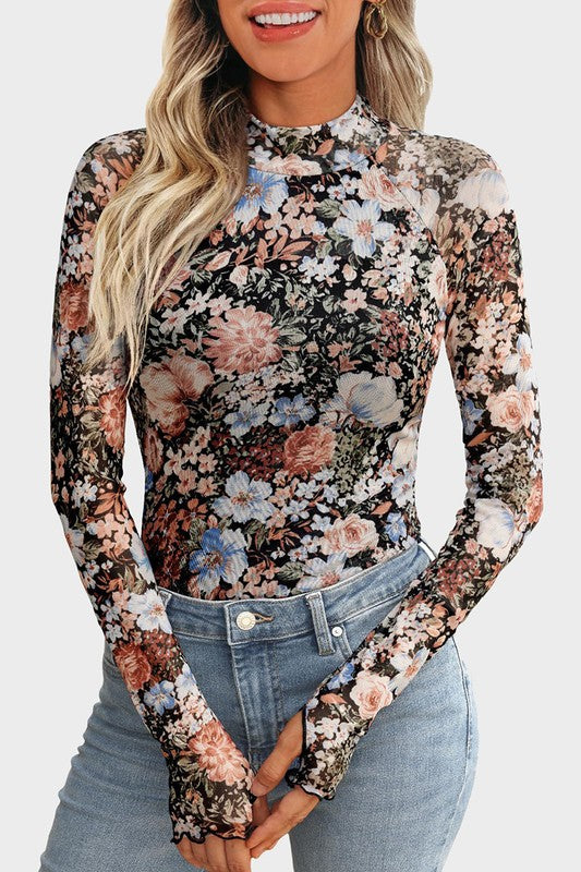 Martina Floral Mock Neck Mesh Top