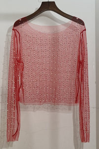 Sammie Sheer Pearl Long Sleeve Top - Red
