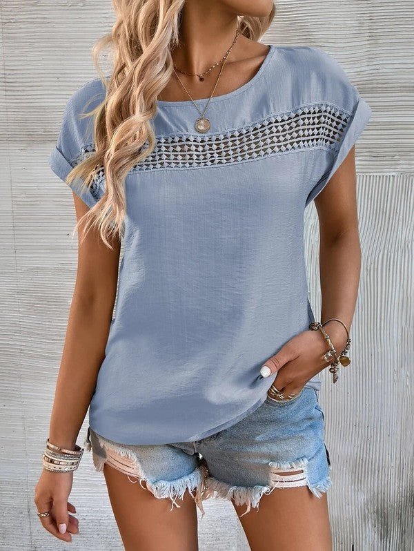 Sandy Patchwork Lace Cutout Top - Blue