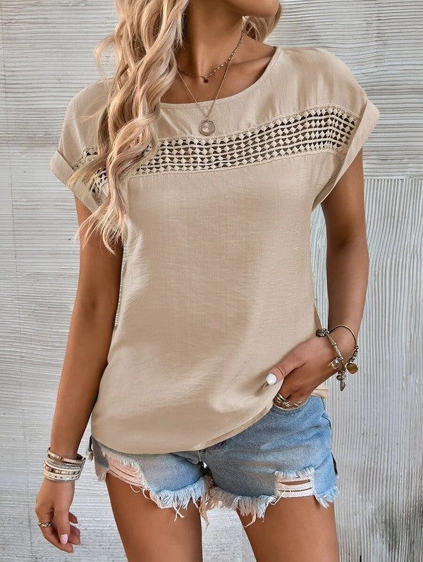 Sandy Patchwork Lace Cutout Top - Khaki