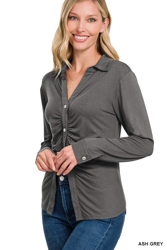 Shelly Button Down Ruched Top - Ash Gray