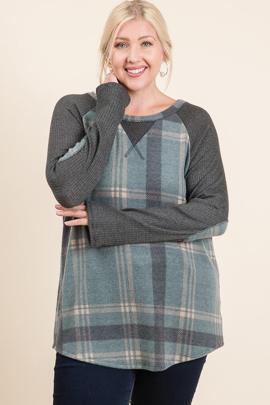 Stevie Plaid Color Block Top - Teal