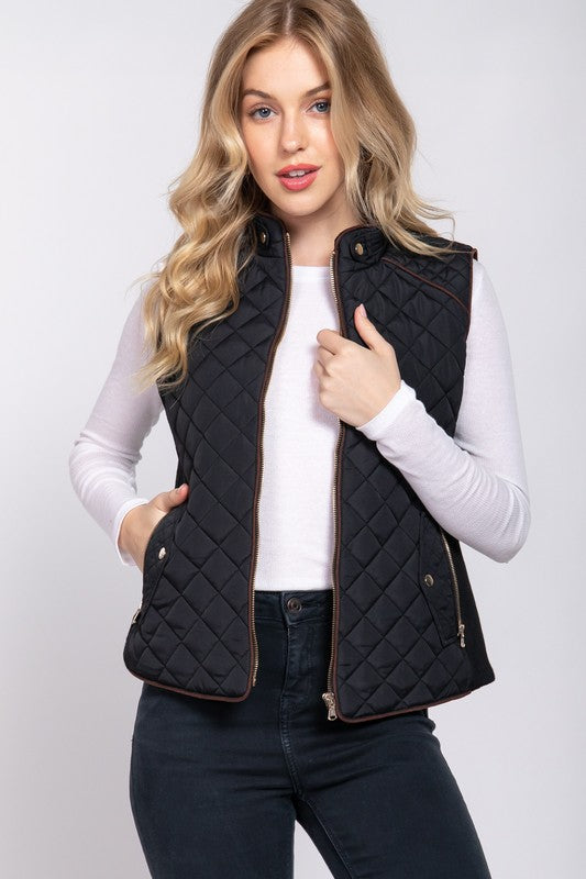 Ashlyn Suede Trim Quilted Vest - Black