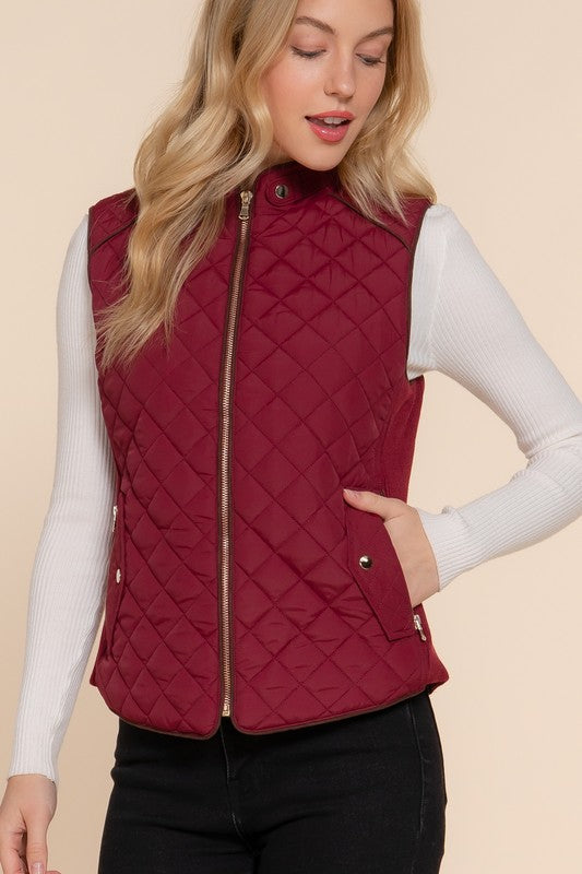 Ashlyn Suede Trim Quilted Vest - Dark Wine