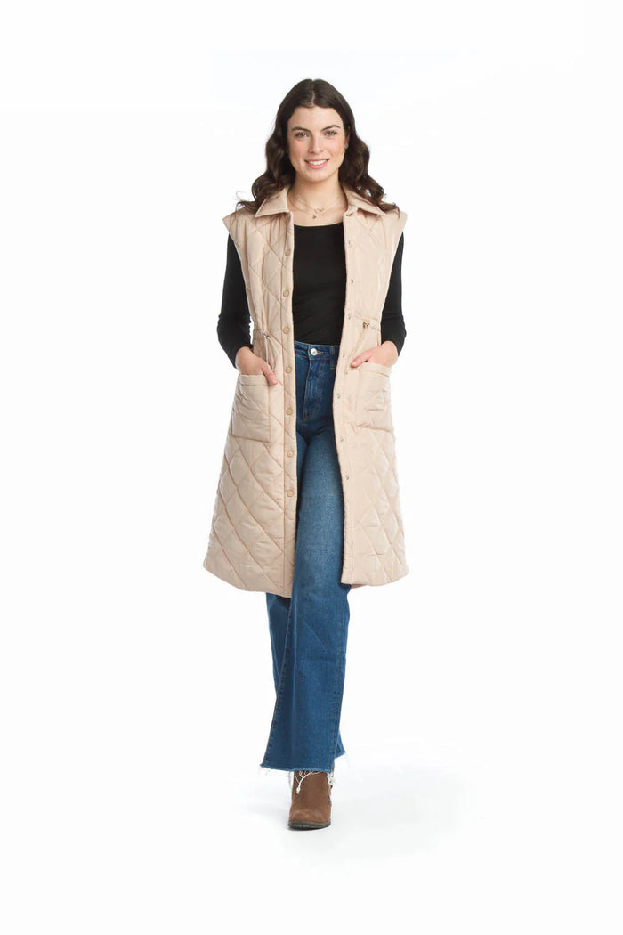 Katie Quilted Longline Vest - Beige