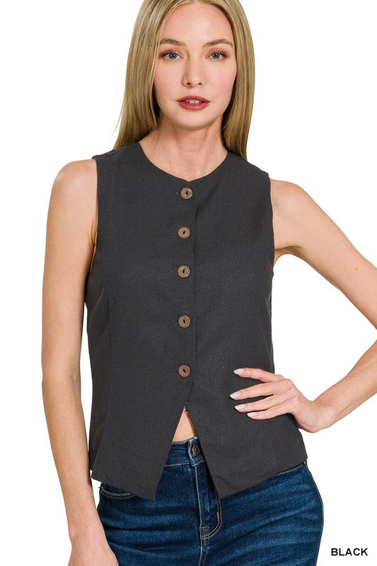 Lorelai Button Down Linen Blend Vest - Black