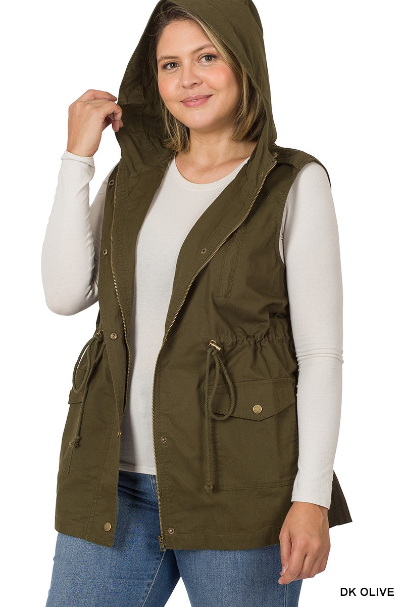 Yolanda Hooded Drawstring Waist Vest - Dark Olive