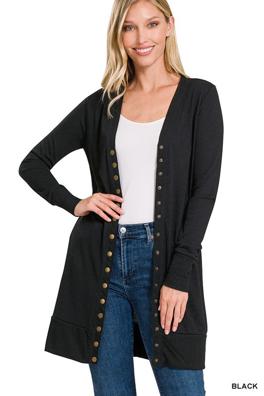 Snap Button Longline Cardigan - Black