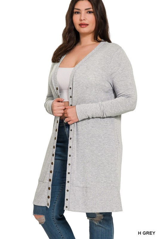 Snap Button Longline Cardigan - Heather Gray