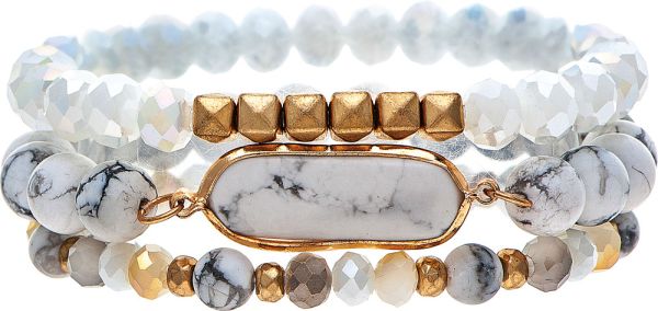 Gold & White Stone Beaded Bracelet Set