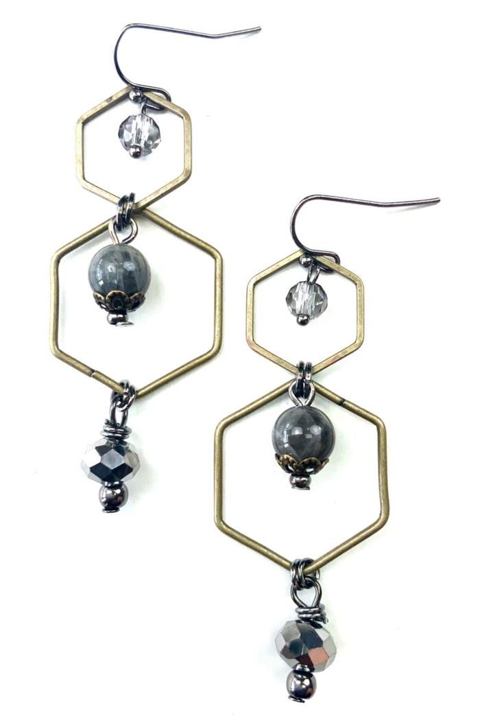 beaded hexagonal dangle earrings
