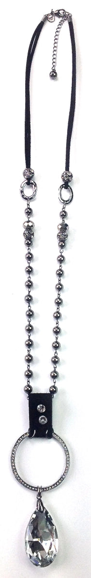 Leather Crystal Ring Pendant Necklace