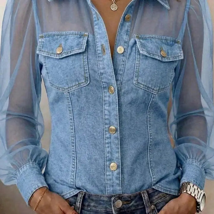 Kacey Denim Sheer Sleeve Button Down Top