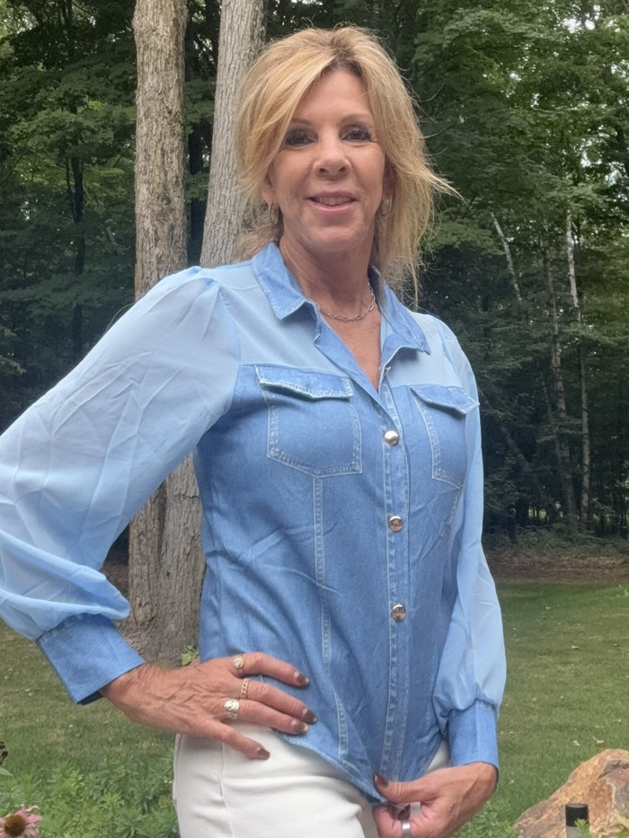 blue long sleeve denim button down with sheer sleeves