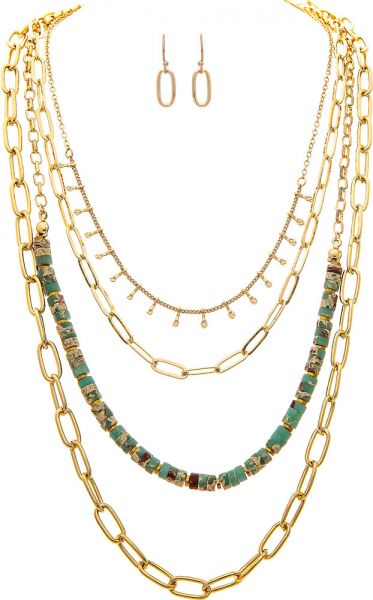 Gold Layered Chain Blue Bead Necklace and Earrings