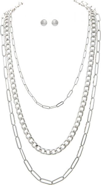 Silver Layered Three Layer Chains Necklace Set