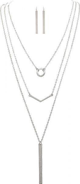 Silver Three Piece Geometric Necklaces Set