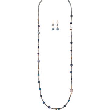 Gold Blue Mixed Bead Freshwater Pearl Long Necklace Set