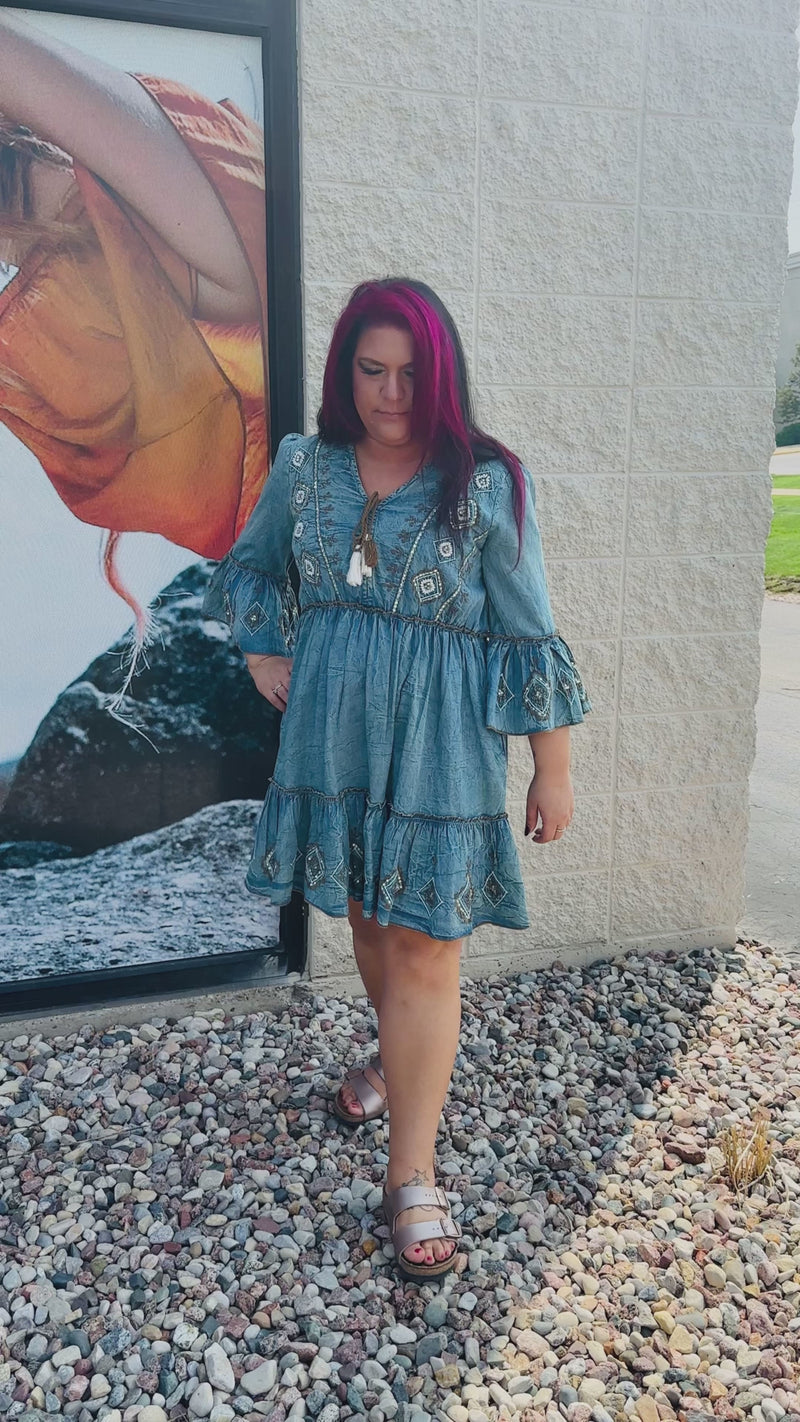 Sophia Embroidered Denim Bell Sleeve Dress
